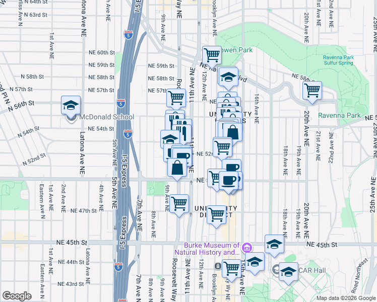 map of restaurants, bars, coffee shops, grocery stores, and more near 5214 11th Avenue Northeast in Seattle