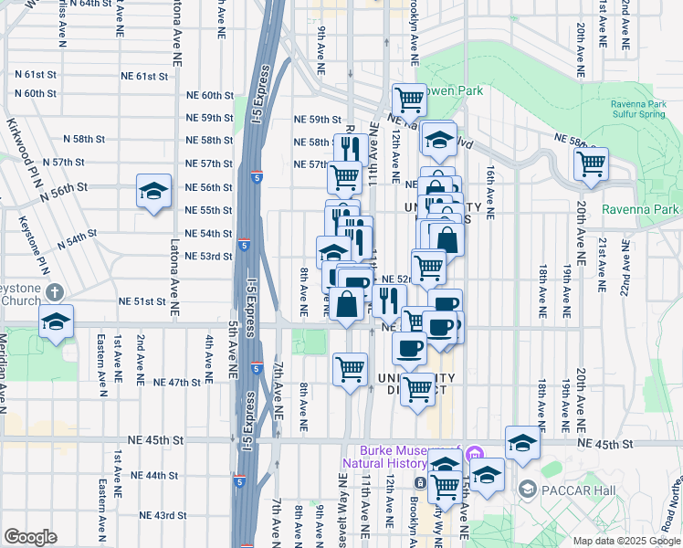 map of restaurants, bars, coffee shops, grocery stores, and more near 5220 Roosevelt Way Northeast in Seattle
