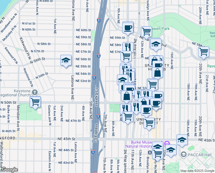 map of restaurants, bars, coffee shops, grocery stores, and more near 5072 7th Avenue Northeast in Seattle
