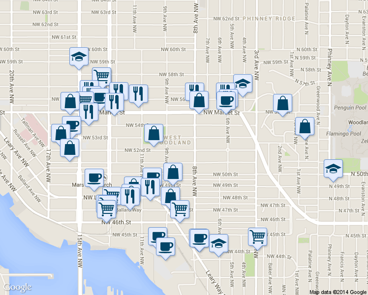 map of restaurants, bars, coffee shops, grocery stores, and more near 811 Northwest 53rd Street in Seattle