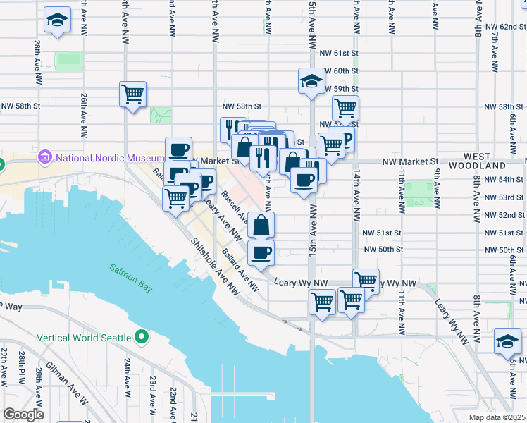 map of restaurants, bars, coffee shops, grocery stores, and more near 1559 Northwest 53rd Street in Seattle