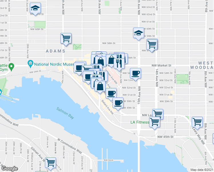 map of restaurants, bars, coffee shops, grocery stores, and more near 1819 Northwest Central Place in Seattle