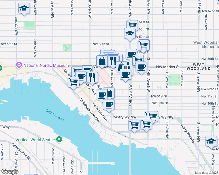 map of restaurants, bars, coffee shops, grocery stores, and more near 5225 Tallman Avenue Northwest in Seattle