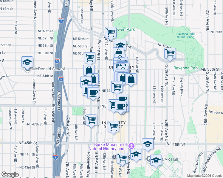 map of restaurants, bars, coffee shops, grocery stores, and more near 5219 Brooklyn Avenue Northeast in Seattle