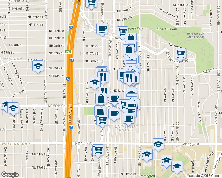 map of restaurants, bars, coffee shops, grocery stores, and more near 5200 11th Avenue Northeast in Seattle