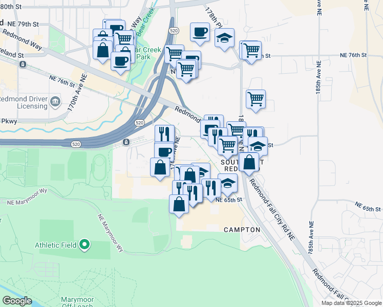 map of restaurants, bars, coffee shops, grocery stores, and more near 17620 Northeast 69th Court in Redmond