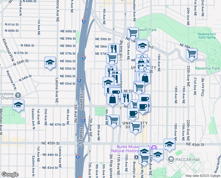 map of restaurants, bars, coffee shops, grocery stores, and more near 5040 9th Avenue Northeast in Seattle