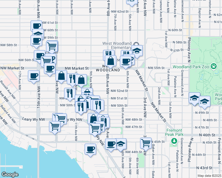 map of restaurants, bars, coffee shops, grocery stores, and more near 656 1/2 Northwest 52nd Street in Seattle