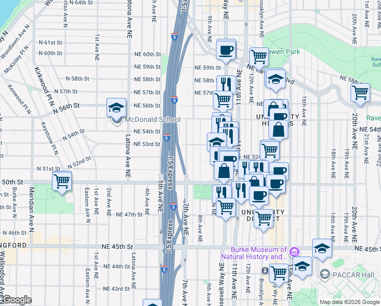 map of restaurants, bars, coffee shops, grocery stores, and more near 5072 7th Avenue Northeast in Seattle