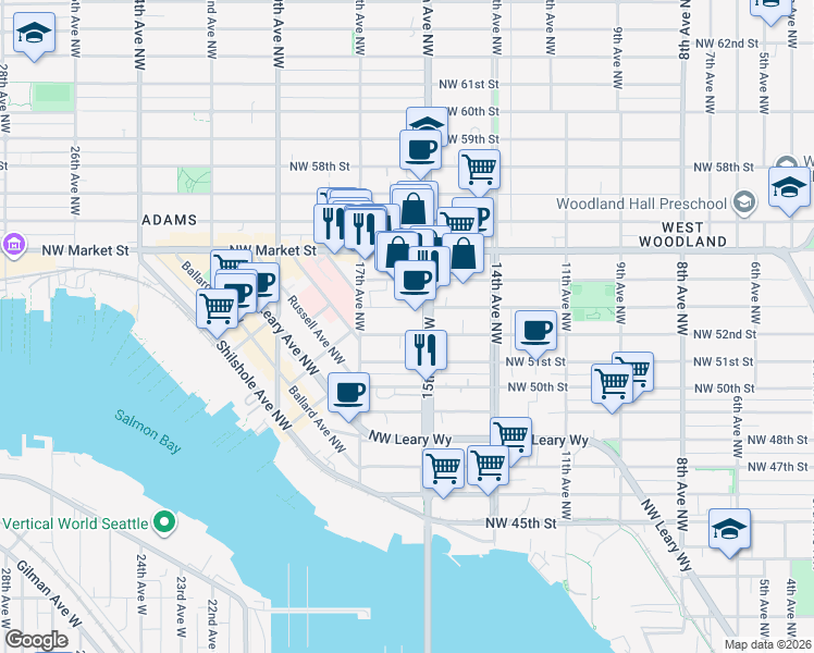 map of restaurants, bars, coffee shops, grocery stores, and more near 1514 Northwest 52nd Street in Seattle