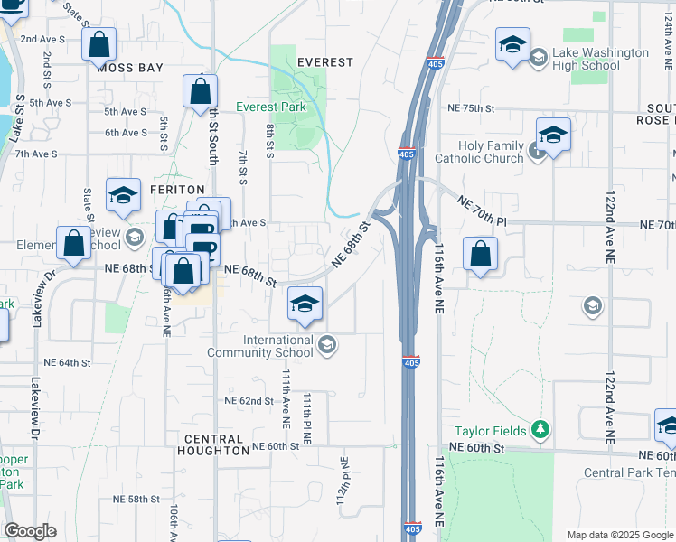 map of restaurants, bars, coffee shops, grocery stores, and more near 11225 Northeast 68th Street in Kirkland