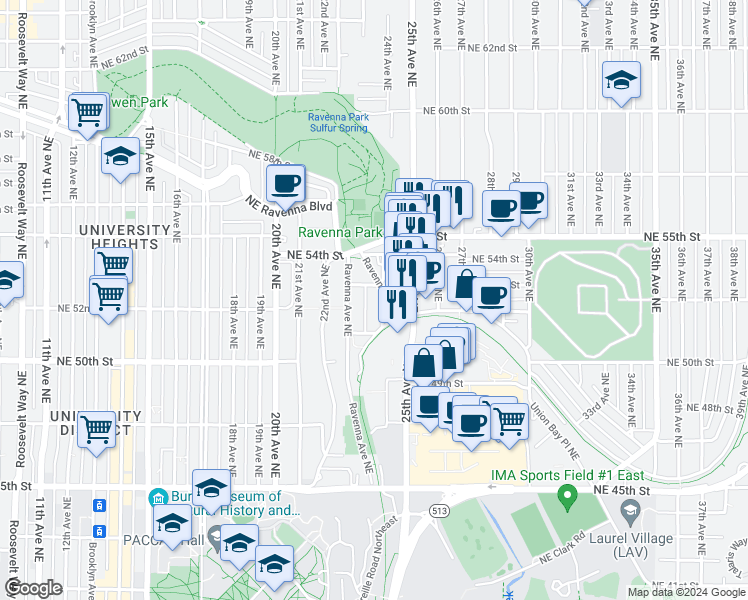 map of restaurants, bars, coffee shops, grocery stores, and more near 2269 Northeast 53rd Street in Seattle