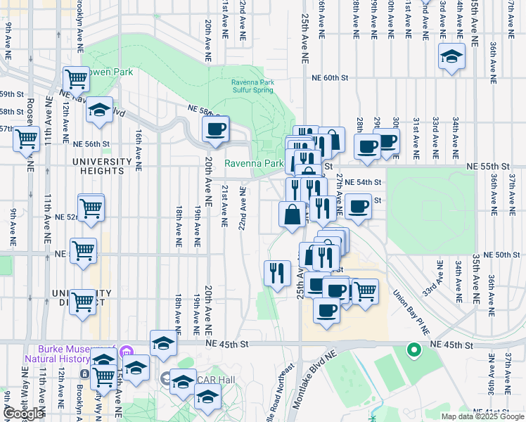 map of restaurants, bars, coffee shops, grocery stores, and more near 2269 Northeast 53rd Street in Seattle