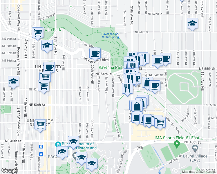 map of restaurants, bars, coffee shops, grocery stores, and more near 5222 22nd Avenue Northeast in Seattle