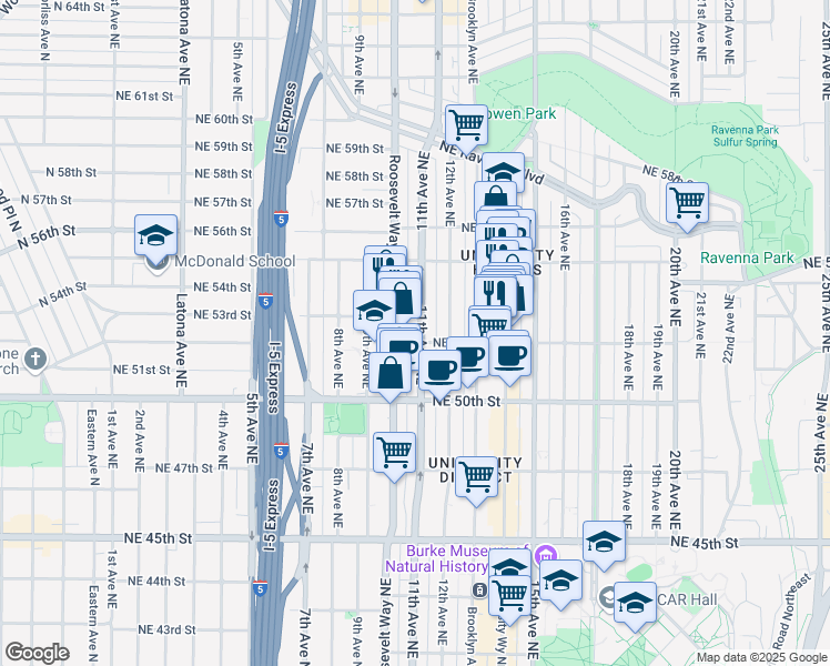 map of restaurants, bars, coffee shops, grocery stores, and more near 5214 11th Avenue Northeast in Seattle