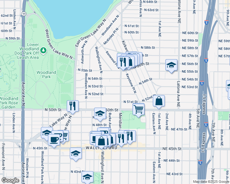 map of restaurants, bars, coffee shops, grocery stores, and more near 5211 Meridian Avenue North in Seattle
