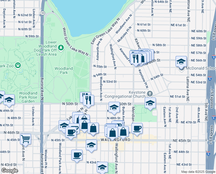map of restaurants, bars, coffee shops, grocery stores, and more near 1631 North 53rd Street in Seattle