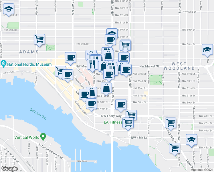 map of restaurants, bars, coffee shops, grocery stores, and more near 1525 Northwest 53rd Street in Seattle
