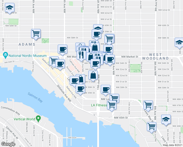 map of restaurants, bars, coffee shops, grocery stores, and more near 1525 Northwest 53rd Street in Seattle
