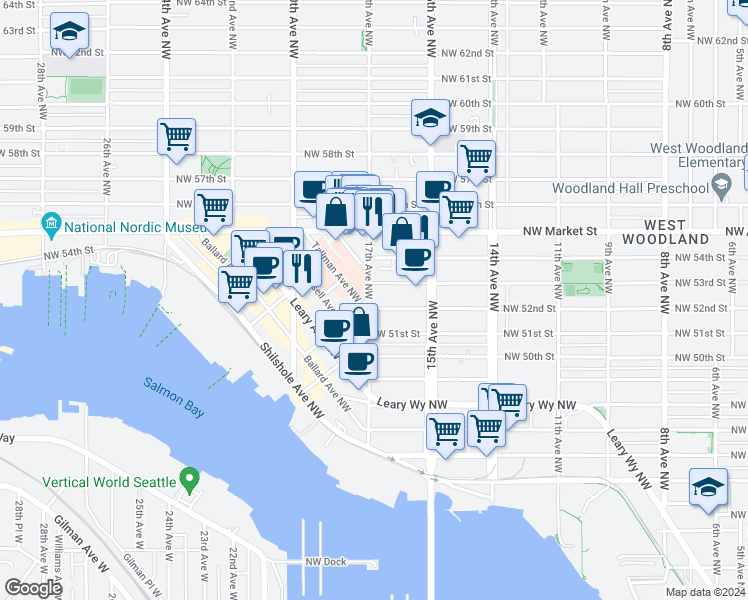 map of restaurants, bars, coffee shops, grocery stores, and more near 1559 Northwest 53rd Street in Seattle