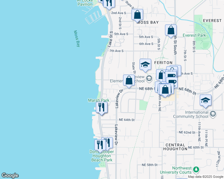 map of restaurants, bars, coffee shops, grocery stores, and more near 6754 Lake Washington Boulevard Northeast in Kirkland