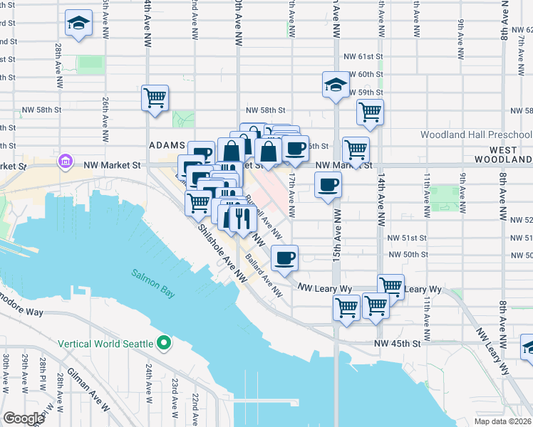map of restaurants, bars, coffee shops, grocery stores, and more near 1819 Northwest Central Place in Seattle