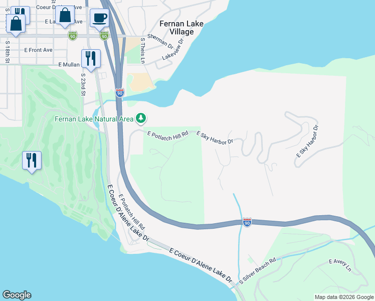 map of restaurants, bars, coffee shops, grocery stores, and more near 965 North Armstrong Drive in Coeur d'Alene