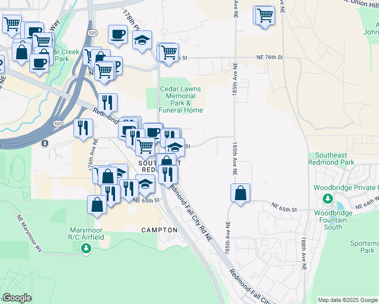 map of restaurants, bars, coffee shops, grocery stores, and more near 18133 Northeast 68th Street in Redmond