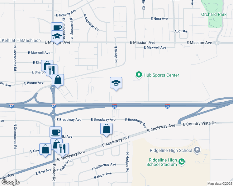 map of restaurants, bars, coffee shops, grocery stores, and more near 19307 East Cataldo Avenue in Spokane Valley