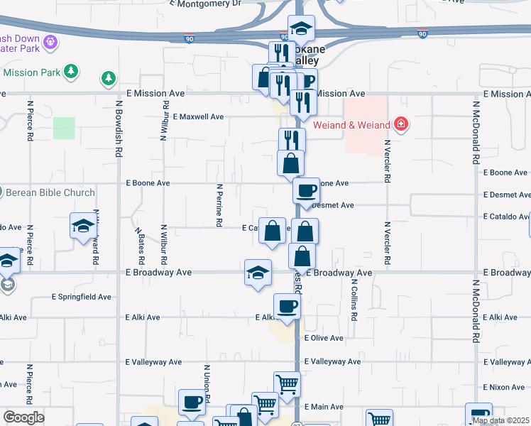 map of restaurants, bars, coffee shops, grocery stores, and more near 12115 East Cataldo Avenue in Spokane Valley