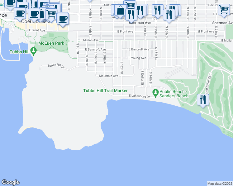 map of restaurants, bars, coffee shops, grocery stores, and more near 1103 East Lakeshore Drive in Coeur d'Alene