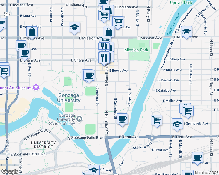 map of restaurants, bars, coffee shops, grocery stores, and more near 1028 North Hamilton Street in Spokane