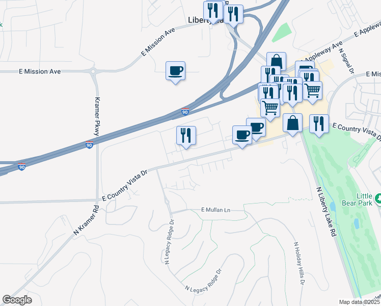 map of restaurants, bars, coffee shops, grocery stores, and more near 21651 East Country Vista Drive in Liberty Lake