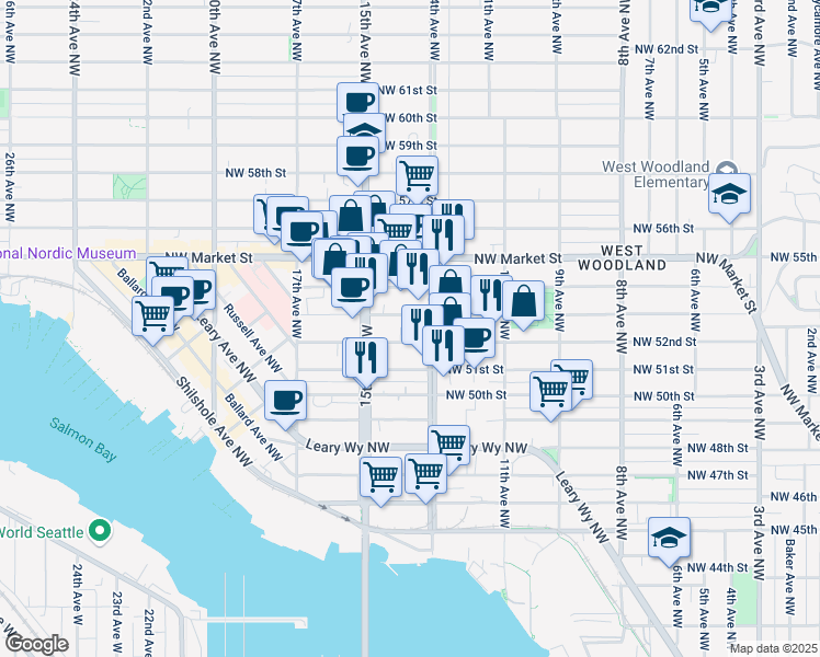 map of restaurants, bars, coffee shops, grocery stores, and more near 1400 Northwest 52nd Street in Seattle