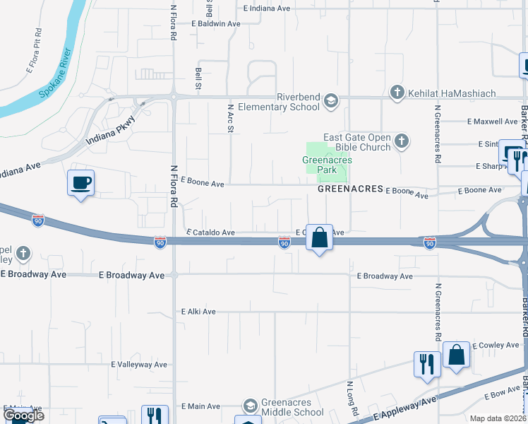 map of restaurants, bars, coffee shops, grocery stores, and more near 1108 North Tschirley Road in Spokane Valley