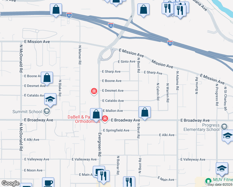 map of restaurants, bars, coffee shops, grocery stores, and more near 1020 North Bolivar Road in Spokane Valley