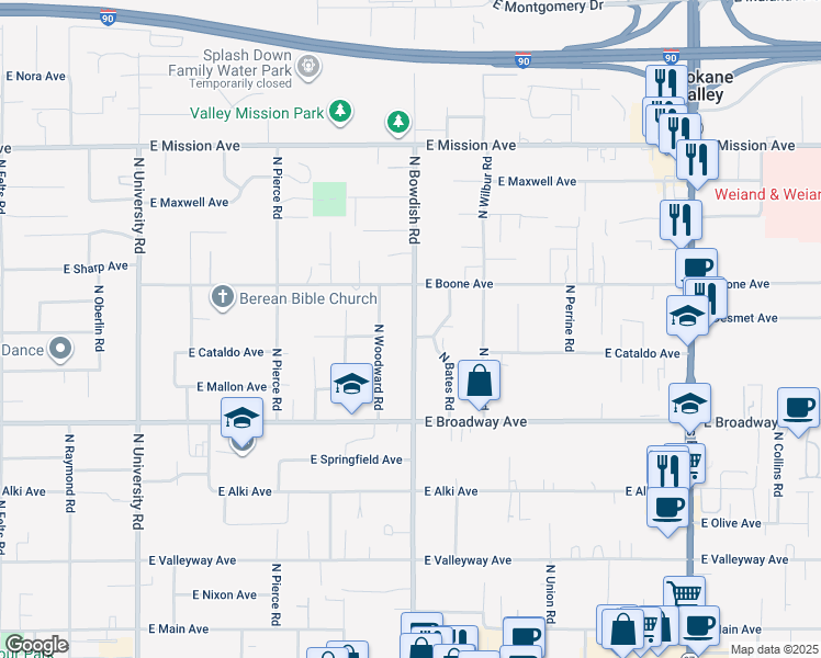 map of restaurants, bars, coffee shops, grocery stores, and more near 1019 North Bowdish Road in Spokane Valley