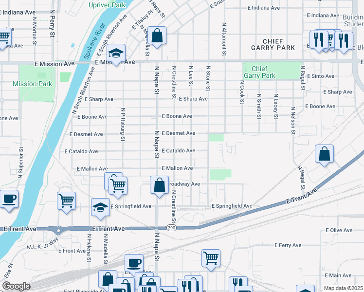 map of restaurants, bars, coffee shops, grocery stores, and more near 1012 North Crestline Street in Spokane
