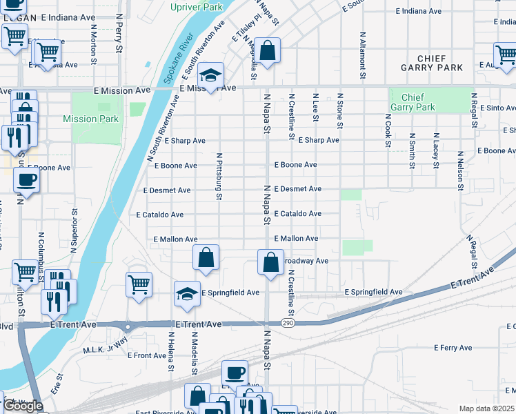 map of restaurants, bars, coffee shops, grocery stores, and more near 1910 East Desmet Avenue in Spokane