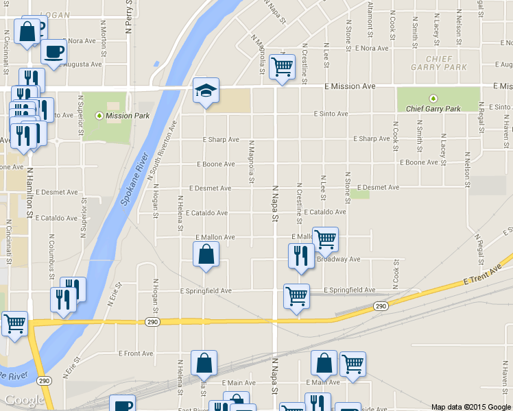 map of restaurants, bars, coffee shops, grocery stores, and more near 1910 East Desmet Avenue in Spokane