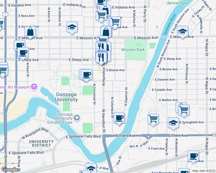 map of restaurants, bars, coffee shops, grocery stores, and more near 1028 North Hamilton Street in Spokane