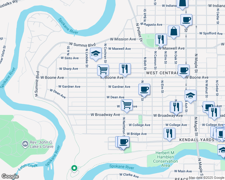 map of restaurants, bars, coffee shops, grocery stores, and more near 2325 West Gardner Avenue in Spokane