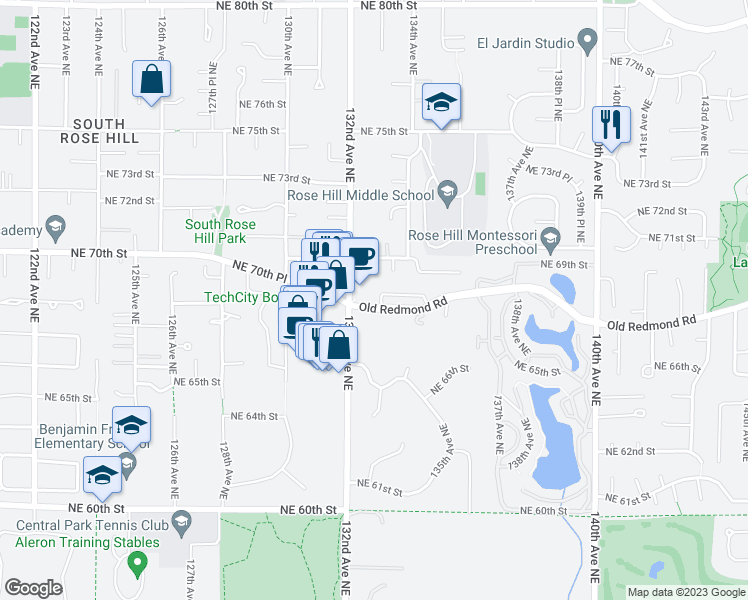 map of restaurants, bars, coffee shops, grocery stores, and more near 13207 Northeast 69th Way in Redmond