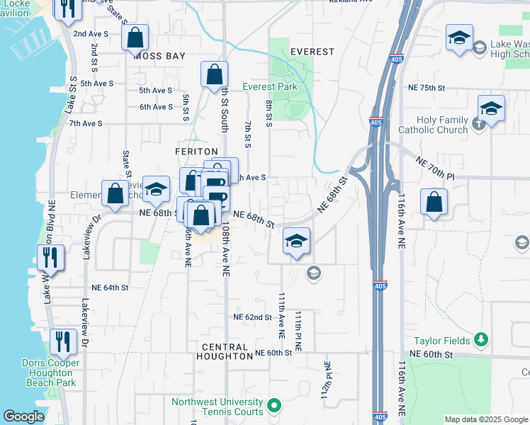 map of restaurants, bars, coffee shops, grocery stores, and more near 10842 Northeast 68th Street in Kirkland