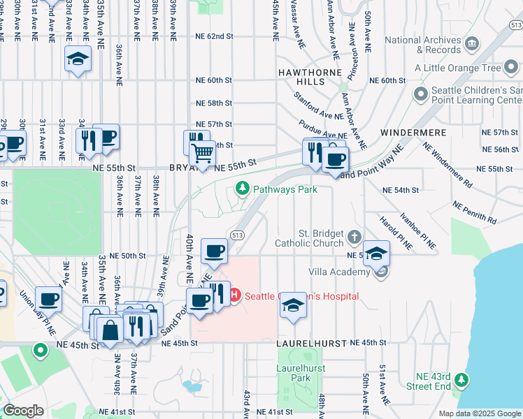 map of restaurants, bars, coffee shops, grocery stores, and more near 5214 Sand Point Way Northeast in Seattle