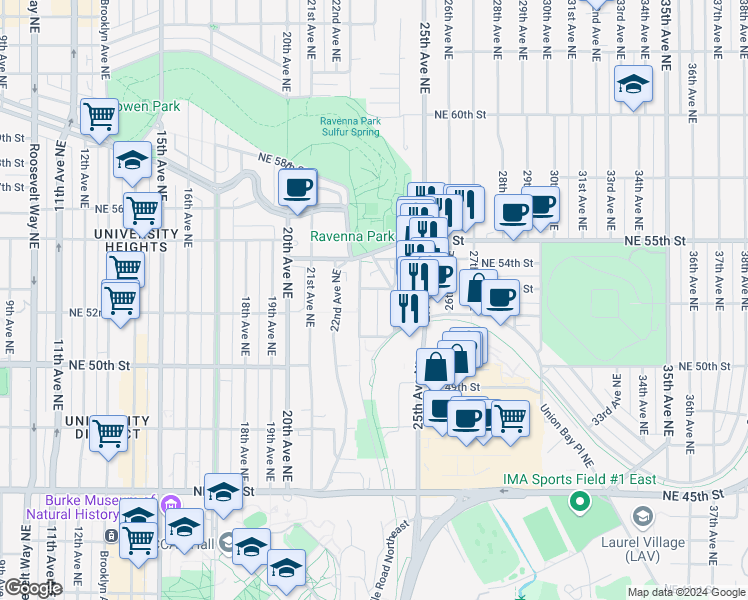 map of restaurants, bars, coffee shops, grocery stores, and more near 2269 Northeast 53rd Street in Seattle