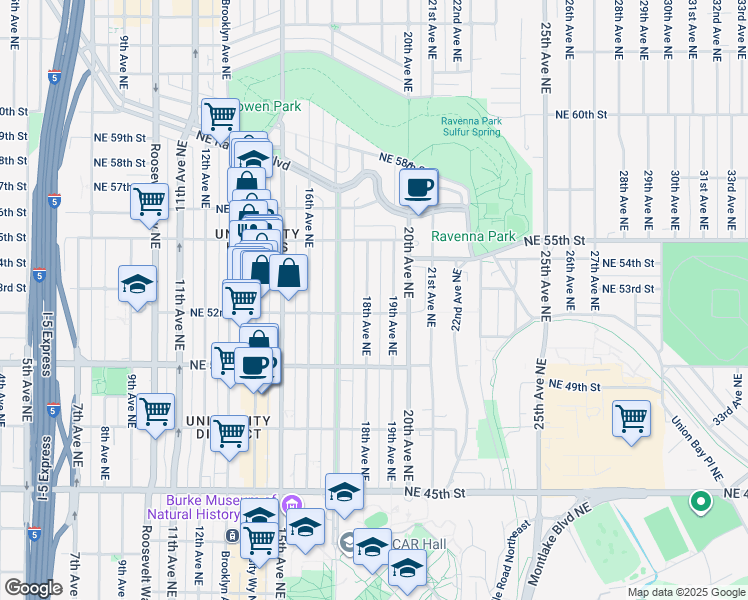 map of restaurants, bars, coffee shops, grocery stores, and more near 5221 18th Avenue Northeast in Seattle