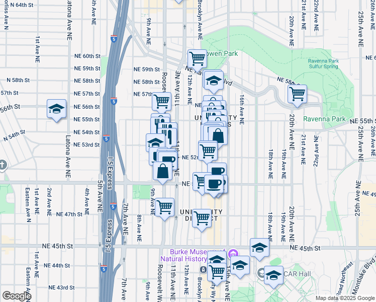 map of restaurants, bars, coffee shops, grocery stores, and more near 5214 11th Avenue Northeast in Seattle