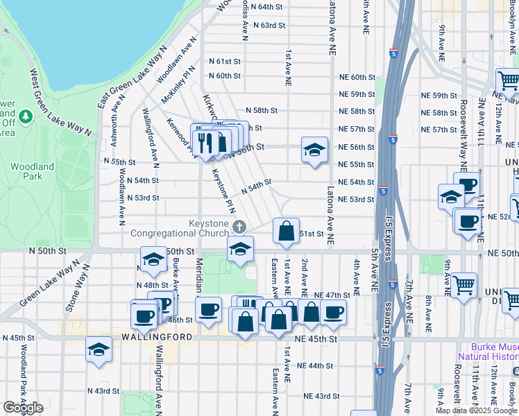 map of restaurants, bars, coffee shops, grocery stores, and more near 5227 Kensington Place North in Seattle