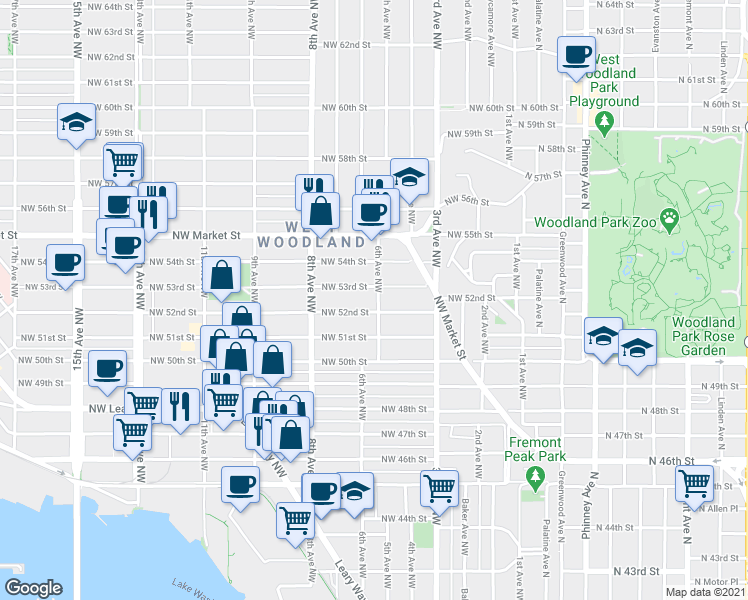 map of restaurants, bars, coffee shops, grocery stores, and more near 611 Northwest 53rd Street in Seattle